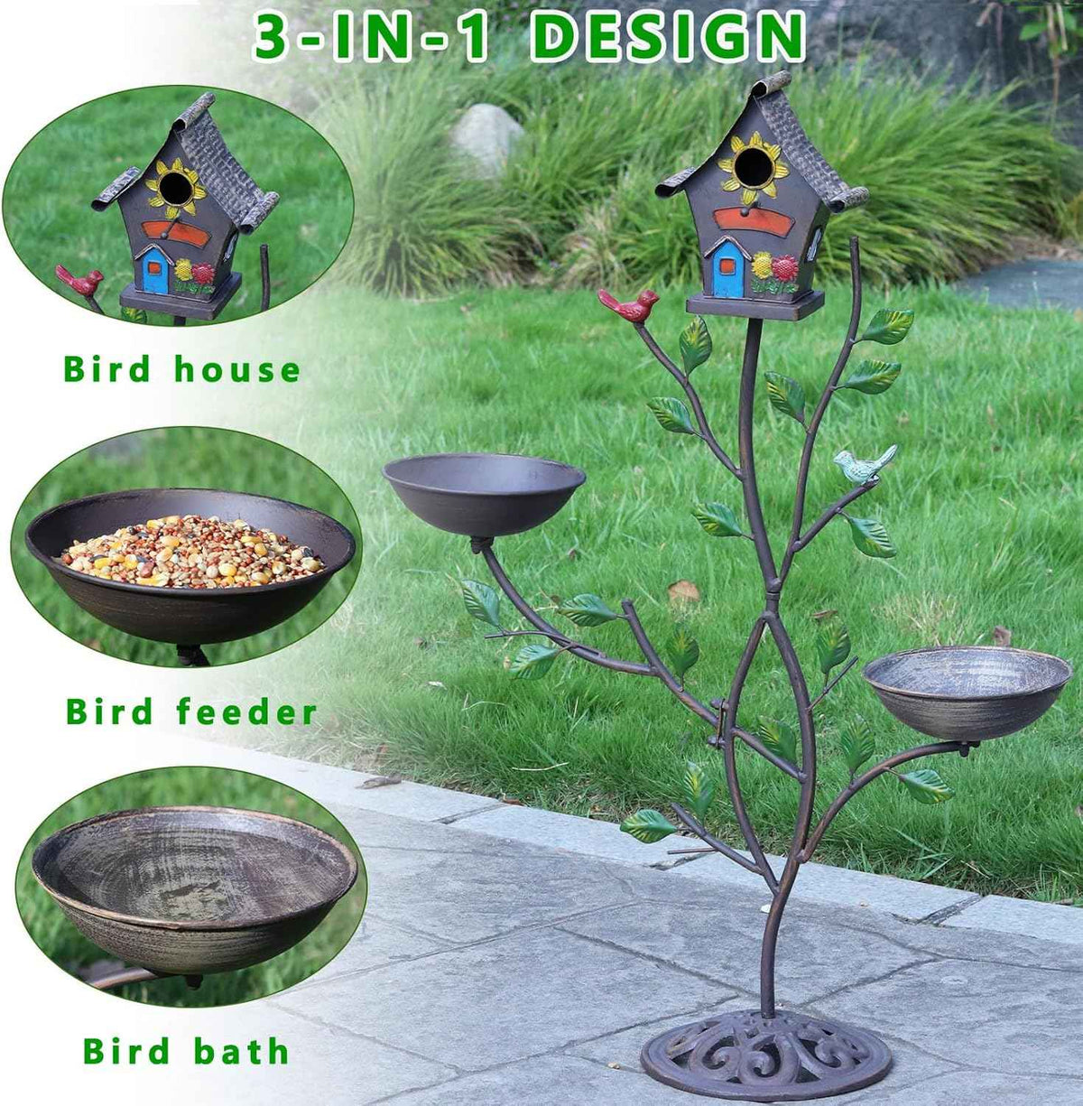 36.8" H Bird Houses for Outside, Metal Bird Bath,Birdhouses for Outdoors | 3-IN-1,Freestanding with Cast Iron Base Bird Feeder, Outdoor Garden & Courtyard Decoration