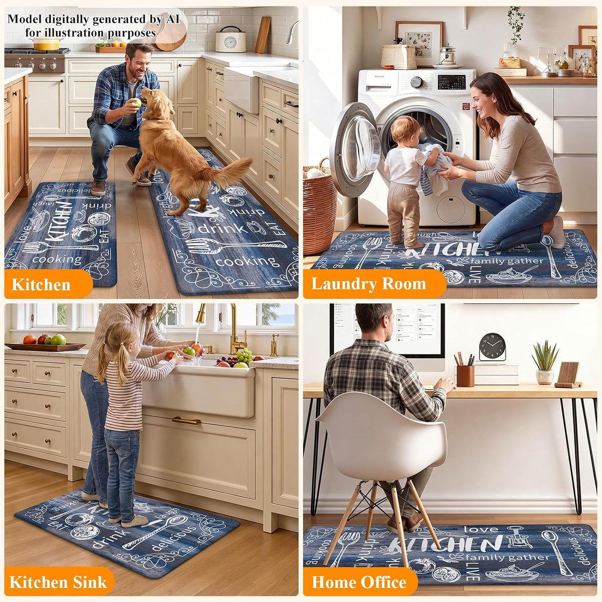 HEBE Anti Fatigue Kitchen Rugs Set of 2, Cushioned Kitchen Mats for Floor | Non Slip Farmhouse Kitchen Rug and Runner Set, Waterproof Comfort Kitchen Floor Mat Carpet for Sink, Standing Desk, Laundry