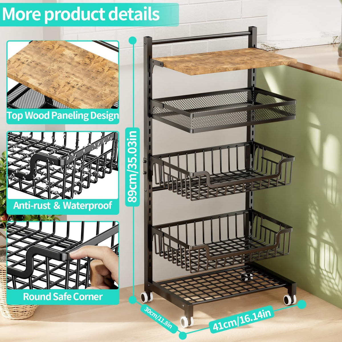 HapiRm Fruit Basket Kitchen Cart - Floor 5 Tier Adjustable Fruit and Vegetable Storage Rack, Large Capacity Rolling Kitchen Carts on Wheels for Pantry Snack Potato and Onion Storage - Field & Nook