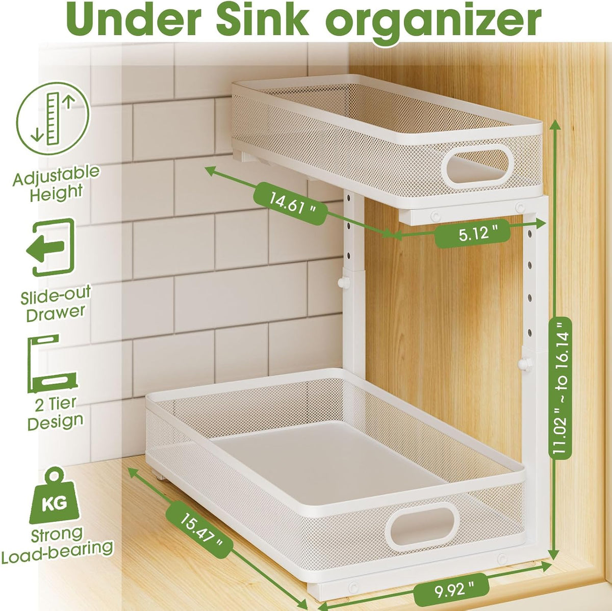 Under Sink Organizer 2-Pack, Metal 2-Tier Pull-Out Cabinet Shelf with Slide-Out Mesh Drawers, Height Adjustable, Space-Saving Under Sink Storage Racks for Kitchen, Bathroom, Laundry Room, White - Field & Nook