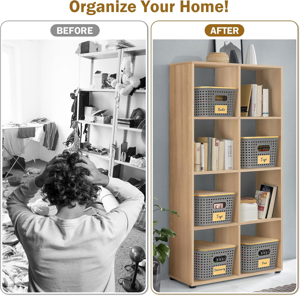 Stackable Storage Baskets: 8 Pack Plastic Baskets Bins, Gray | Decorative Baskets for Organizing, Pantry Decorative Containers for Closets, Cabinets, Shelves - Field & Nook