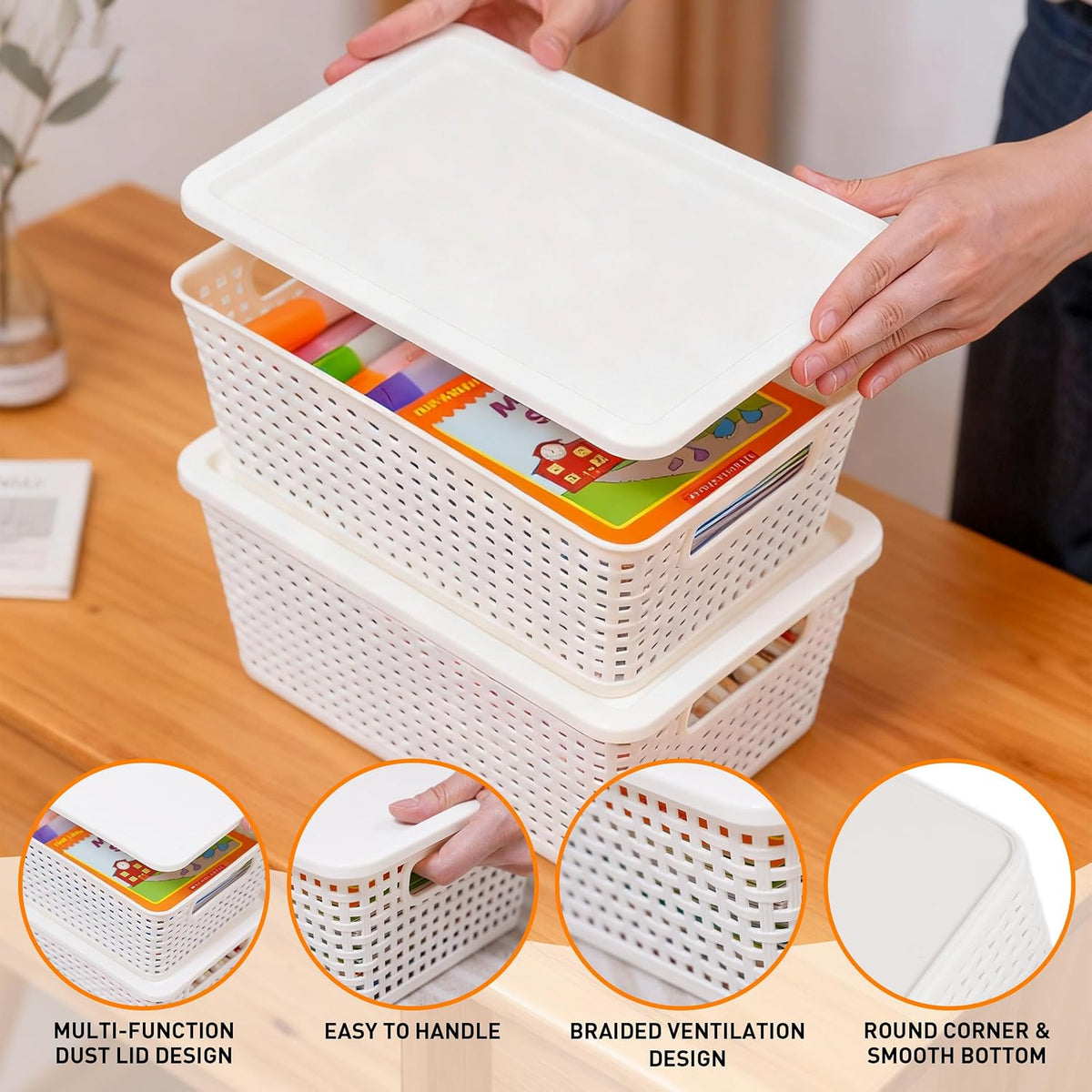 Plastic Storage Baskets With Lid, Storage Bins for Organizing, Stackable Decorative Containers for Shelves Drawers Desktop Closet Playroom Classroom Office, 8 Pack-White - Field & Nook