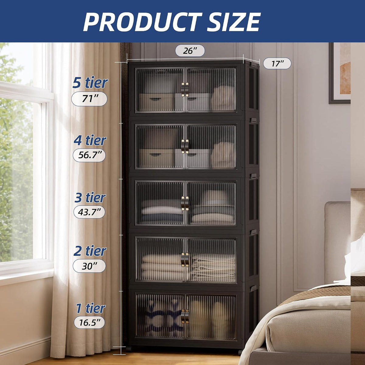 SAILUN 580Qt Stackable Storage Bins,Storage Cabinet with a Lid,5 Pack Black | Stackable Storage Drawers with Lids,26" W x 17" D x 71" H,Featuring open-front Access for Clothes and Closet Storage - Field & Nook