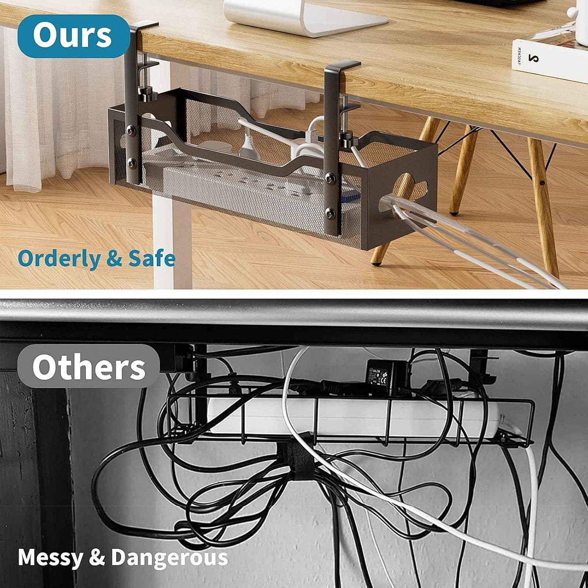 Clamp-On Metal Mesh Cable Tray – No-Drill Under-Desk Cord Organizer with Routing Holes, Black