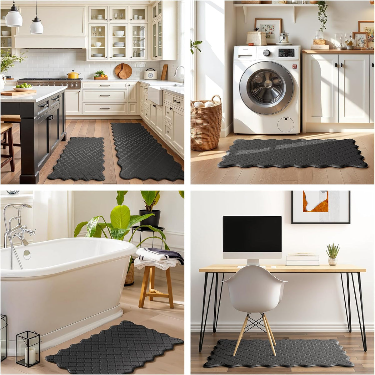 Arenarug Upgrade Scalloped Embossed Kitchen Mats for Floor 2PCS Cushioned Anti Fatigue Waterproof Foam Kitchen Rugs Non Slip Washable Comfort Standing Mat for Sink Laundry, 17.3"x30"+17.3"x59", Black