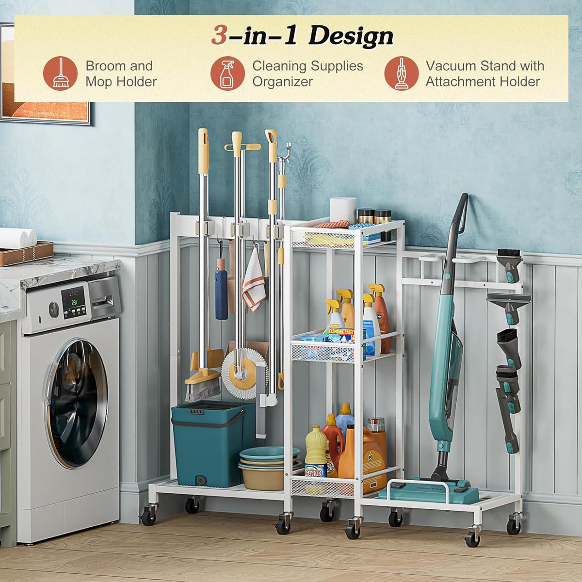 Broom Holder with Cleaning Supplies Organizer, Broom Closet Storage Cabinet with Cleaning Caddy Vacuum Stand, Cleaning Cart with Mop Hanger Gripper Rack Hook, Laundry Room Organization Home Essentials - Field & Nook