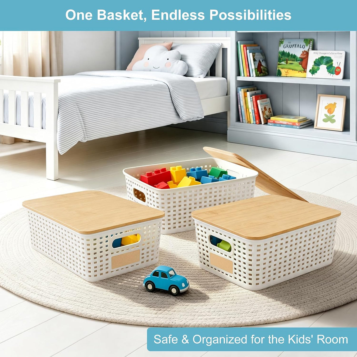 Small Plastic Storage Bins with Bamboo Lids 5.2qt Stackable Box Basket Pantry Decorative Containers Cute with Labels for Organizing Desktop Closet Office Cream White of 6 packs 10*7.2*4.1" - Field & Nook