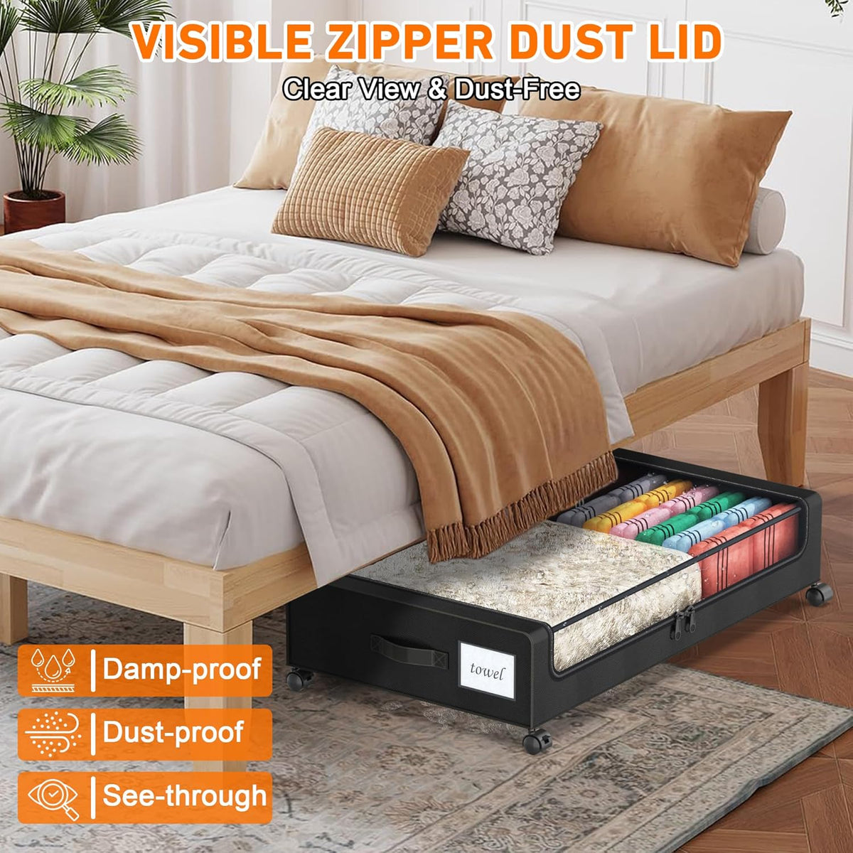 Under Bed Storage with Wheels, 2 Pack Under Bed Storage Containers with Clear Lids, XXL 65L Under Bed Storage Organizer, Rolling Under Bed Metal Drawer for Blanket, Clothes, Shoes (31 x 17 x 6.69 in) - Field & Nook