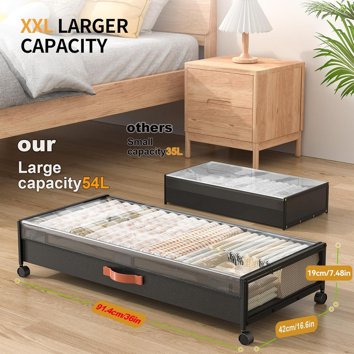 Under Bed Storage Containers with Wheels Large Underbed Shoes Blankets Clothes Toy Storage Drawers for College Dorms Bedrooms Nursery Rooms Organization (Black 2 Pack, 7.5in height(36"x16.6"x7.48")) - Field & Nook