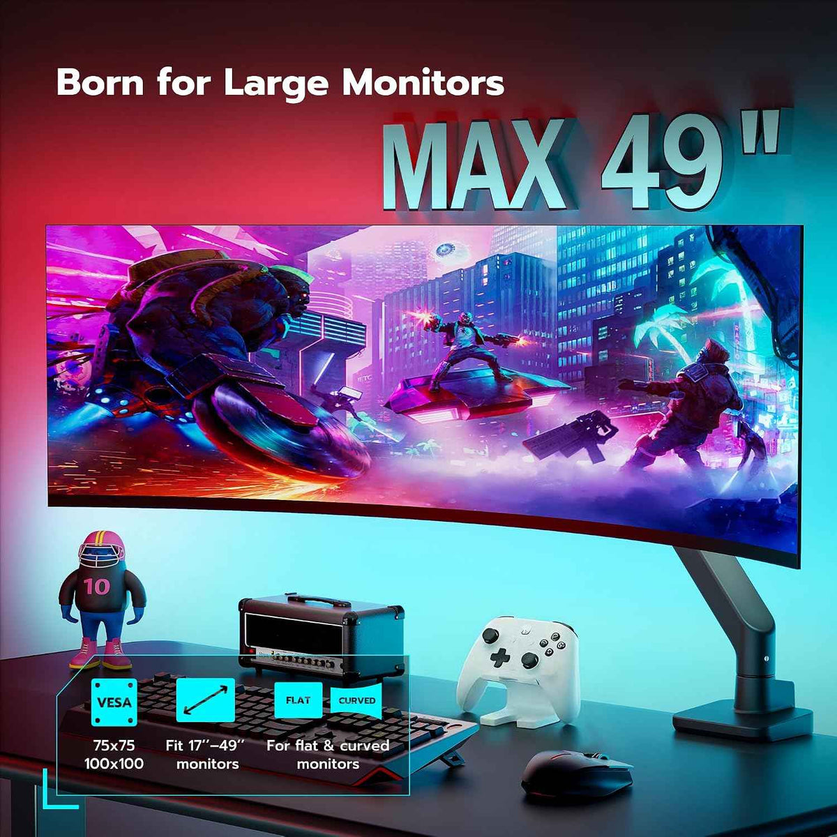 ARES WING Ultrawide Monitor Desk Arm for 17 to 49 Inch Screen, Holds 44 Lbs | Pro Gas Spring, Full Range of Motion, for 75/100 Vesa Mount, for Samsung, LG Curved/Flat Monitor, with C Clamp, Grommet Base