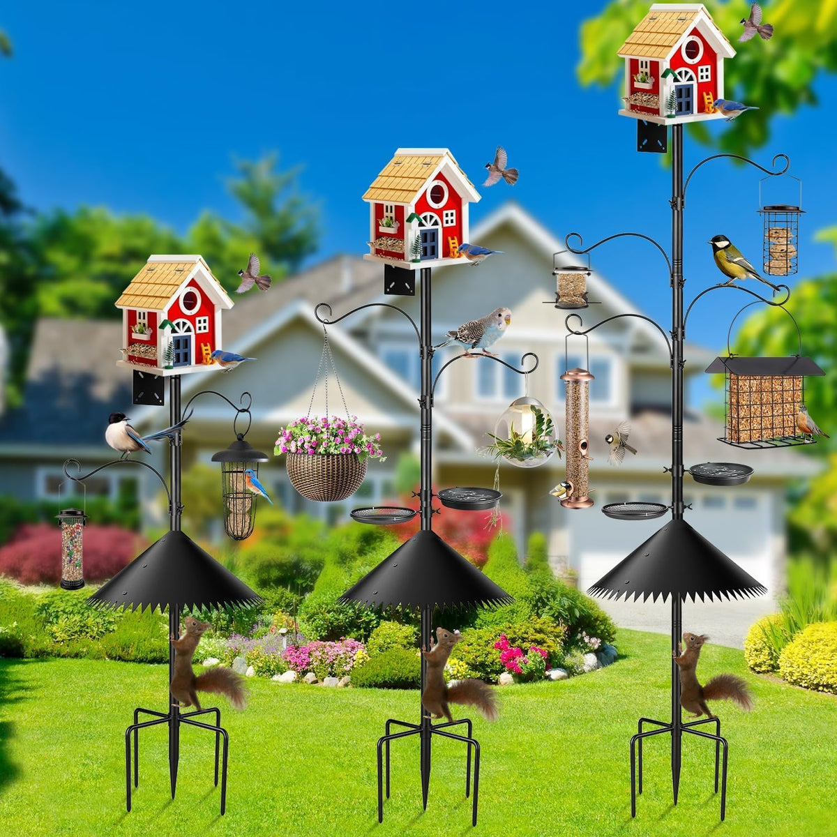 Bird Feeder Pole, 93 Inch Heavy Duty Birdhouse Pole with Spiked Baffle & 2 Tray, Adjustable Wild Bird Feeding Station Hanging Pole for Outdoors, Yard, Garden Decor (Without Birdhouse)