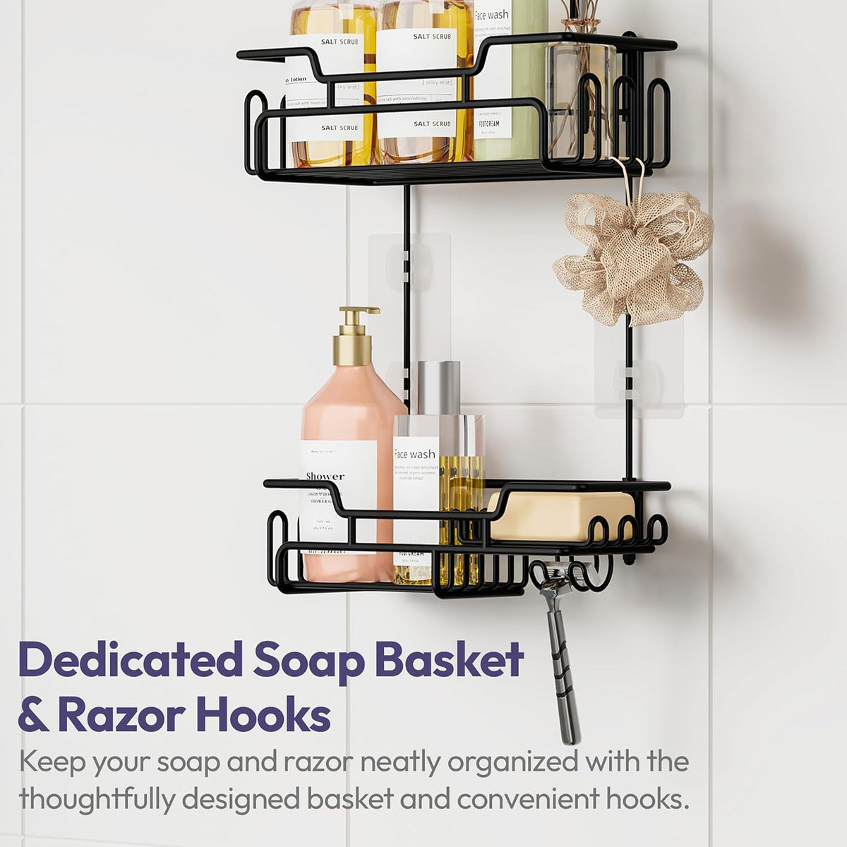 Extended Hanging Shower Organizer – 2-Tier Rustproof Caddy with Hooks