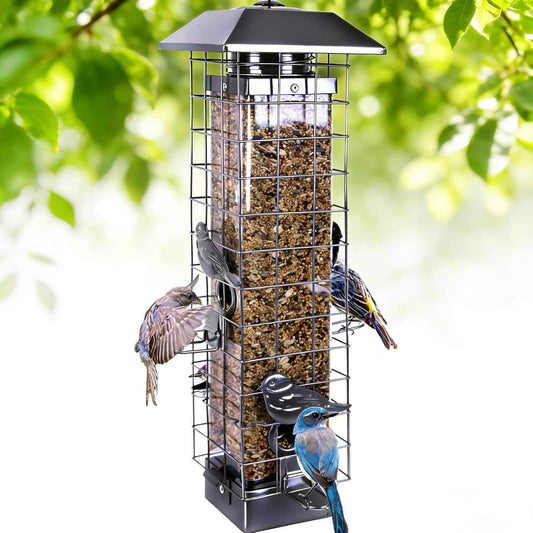 Squirrel Proof Bird Feeders for Outdoors, Metal Wild Bird Feeder for Outside Hanging, 4 Ports Perches, 3LB Large Capacity(Gray)