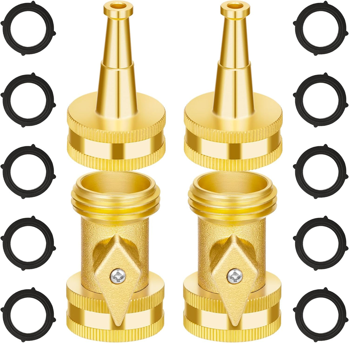 AUTOMAN Brass Hose Nozzle - High Pressure Jet Nozzle 4 Count (2 Set), Heavy Duty Water Hose Sprayer Sweeper with Hose Shutoff Valve, 3/4” GHT Nozzles for Garden Hose, Car Wash, Extra 10 Rubber Washers