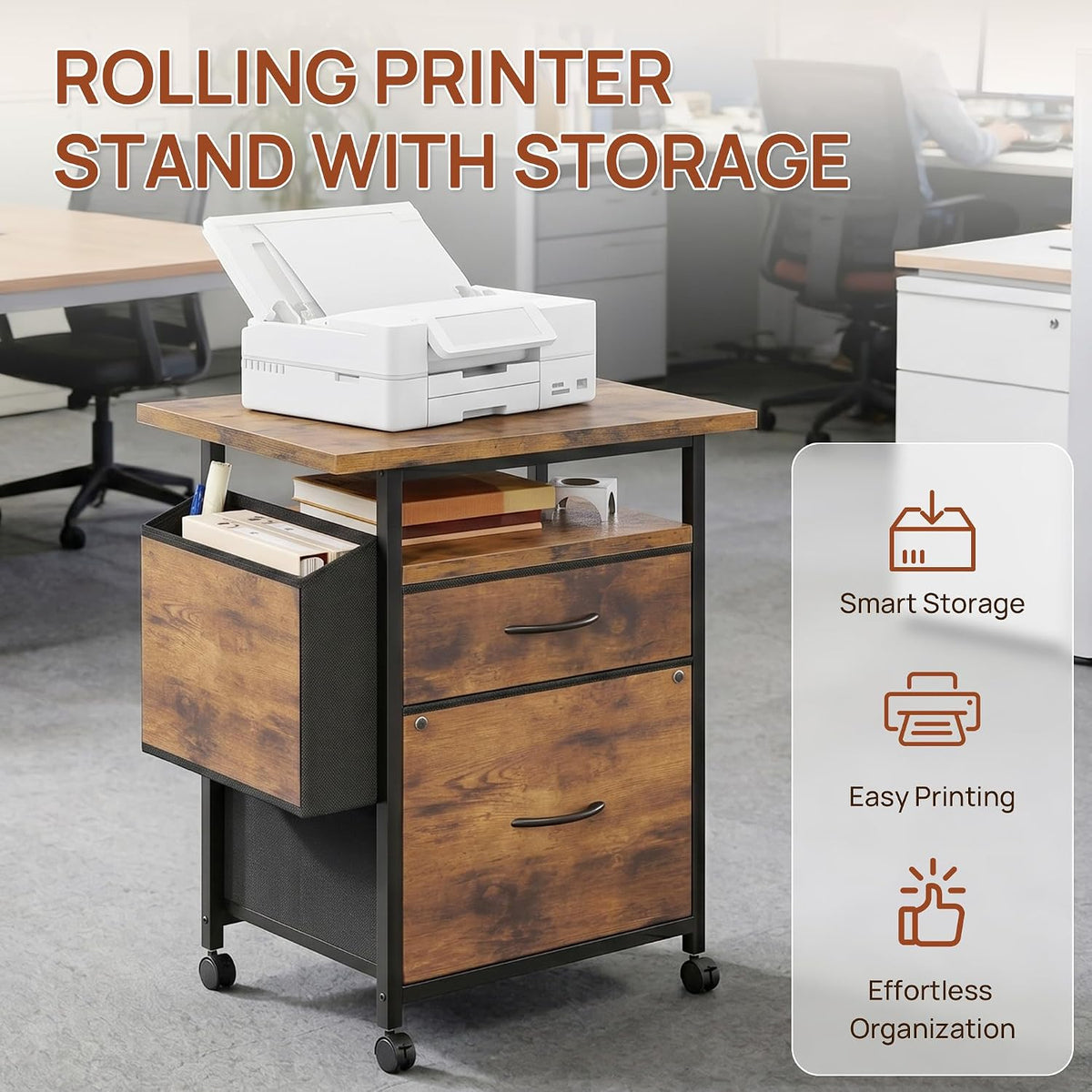 Alpen File Cabinets for Home Office, Small Printer Stand with Storage, Rolling Filing Cabinet with 2 Drawer and Side Storage Bag, Rustic Brown - Field & Nook