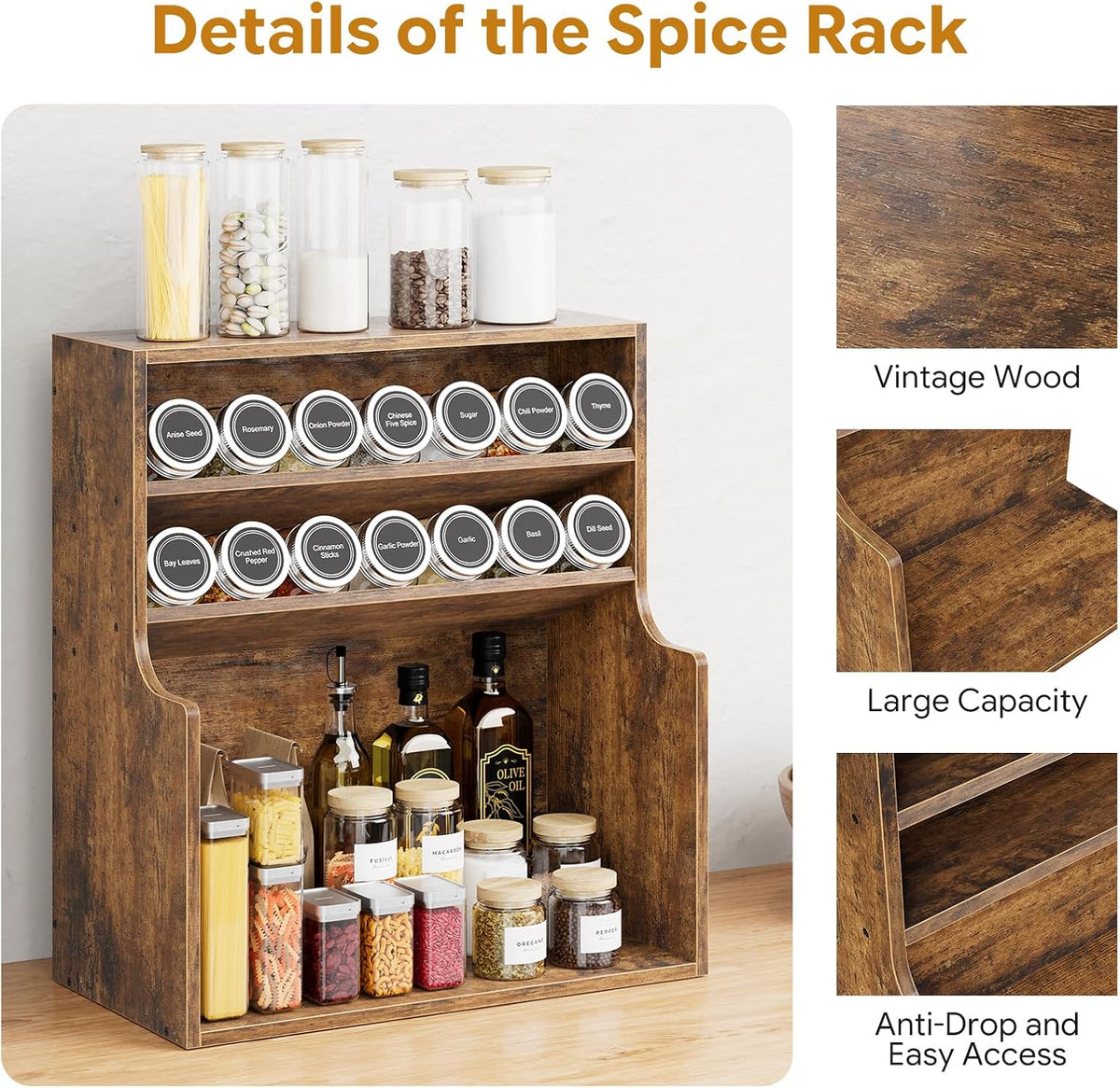 Simple Trending Spice Rack Organizer, 3 Tire Wood Kitchen Counter Spice Rack, Large Counter Seasoning Organizer Storage Shelf for Pantry, Kitchen, 7” W × 14.3” H, Brown - Field & Nook