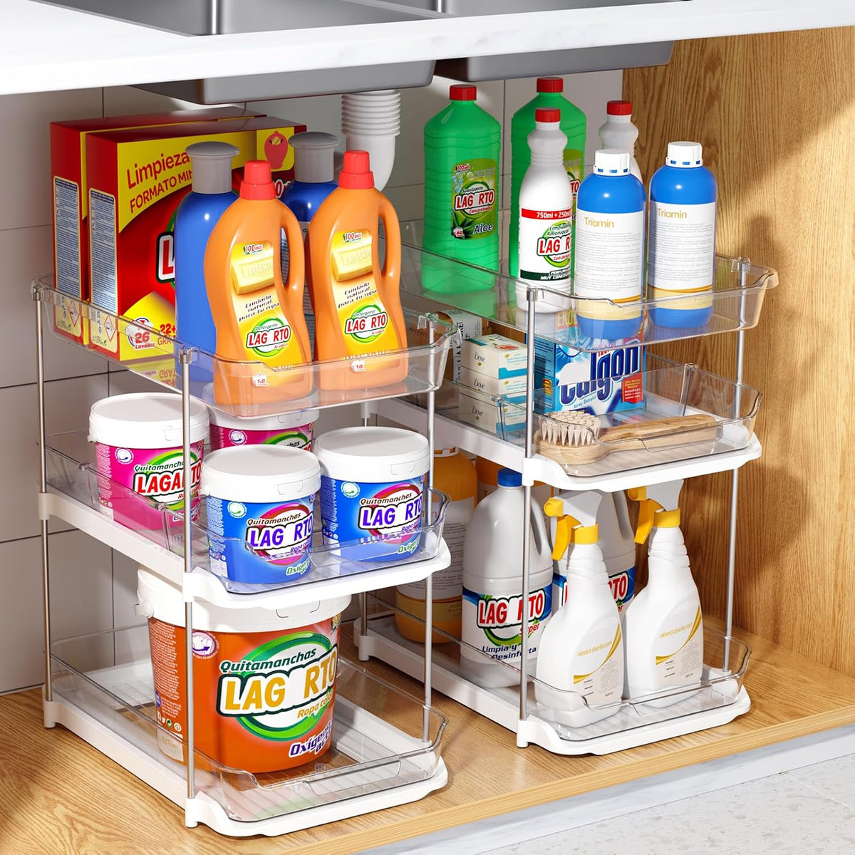 Delamu 2 Sets of 3-Tier Bathroom Under Sink Organizers and Storage, Multi-Purpose Stackable Pantry Organization and Storage, Pull Out Clear Kitchen Bathroom Cabinet Organizer with Movable Dividers | Storage - Field & Nook