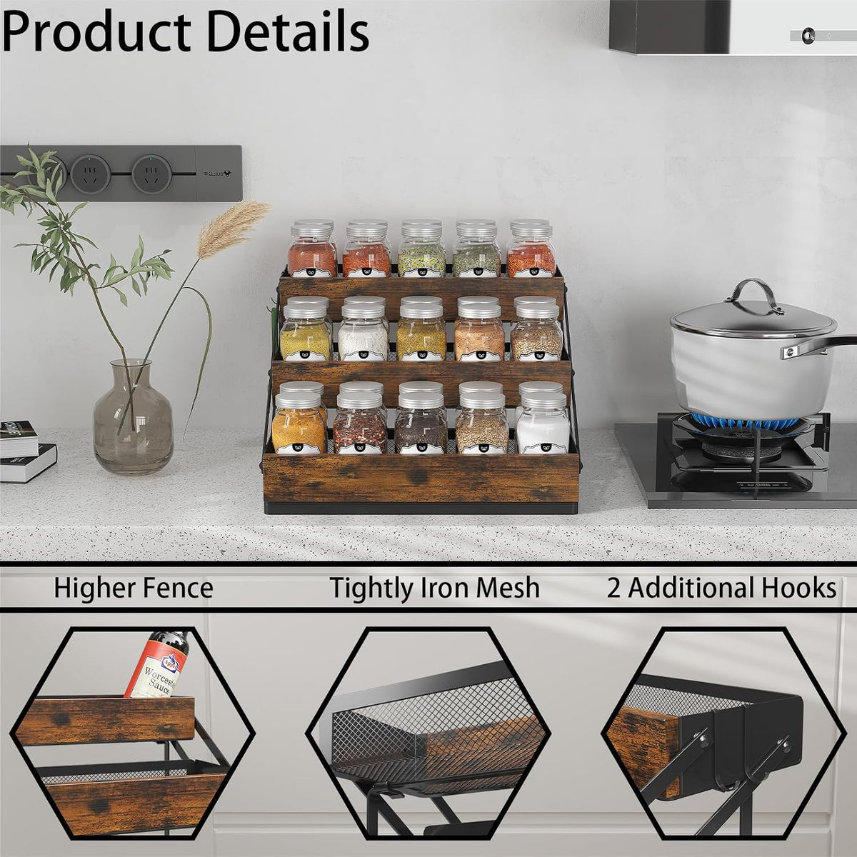 3 Tier Spice Rack Organizer for Cabinet, Foldable Spice Rack for Countertop, Cabinet Drawers Rustic Wooden Seasoning Spice storage for Kitchen Station, Pantry, Home - 1PC - Field & Nook