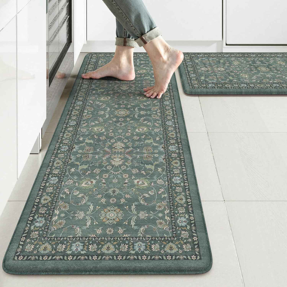 KIMODE Kitchen Mats for Floor Cushioned Anti Fatigue,Kitchen Rugs Sets of 2 | 17.3"x47"+ 17.3"x29",Dark Green,Vintage Kitchen Rug Non Slip,Memory Foam Carpet for Laundry Office Home Decor