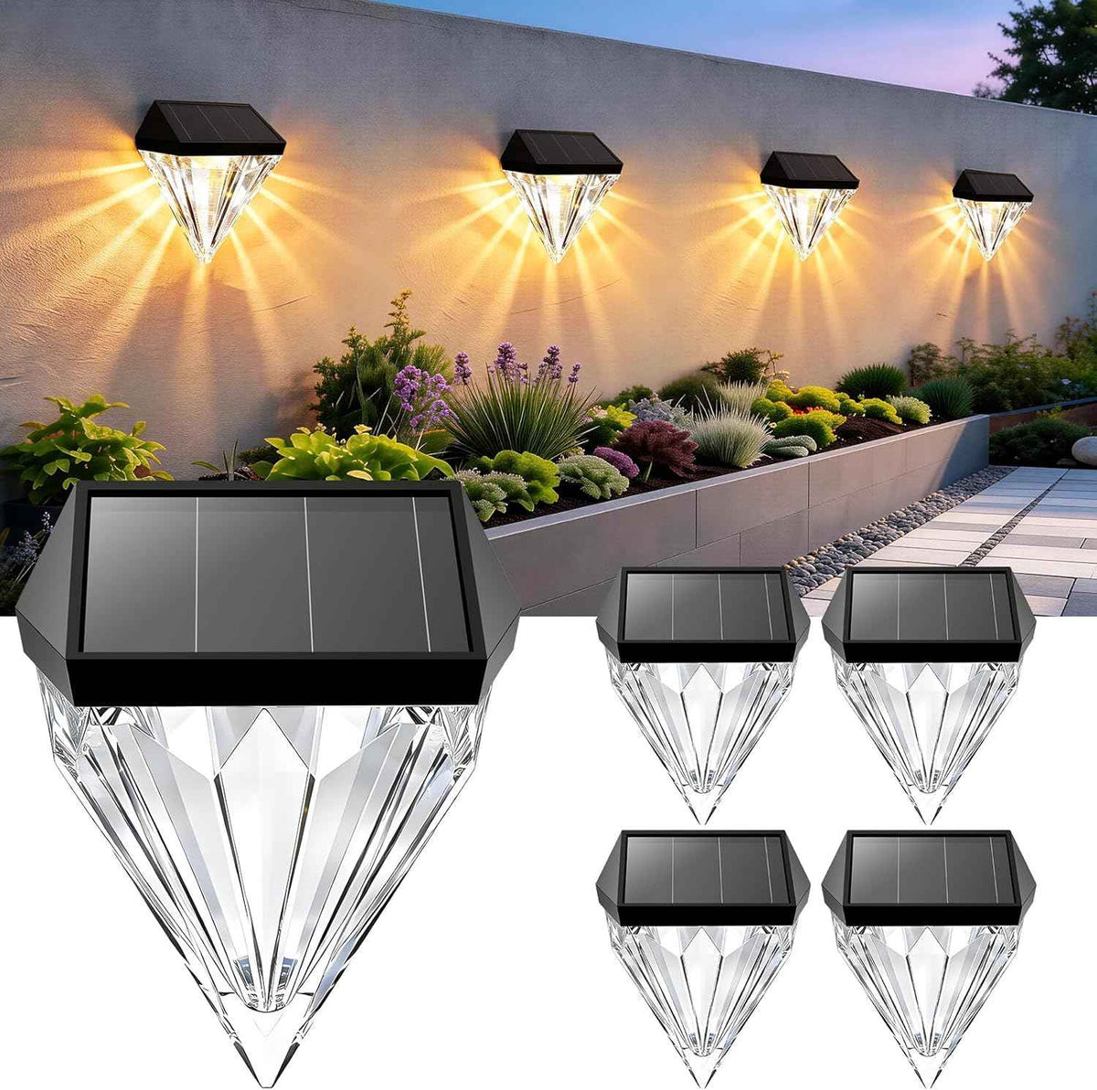 Solar Fence Lights, Solar Deck Lights Outdoor Waterproof, Warm White LED Solar Wall Lights 4 Pack for Garden Stair, Fence, Patio, Front Porch, Pathway & Wall Decor