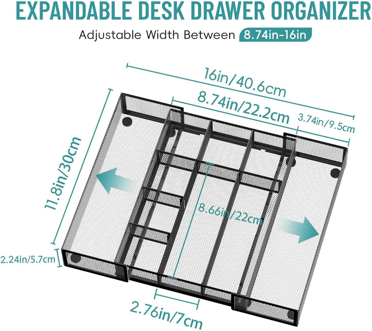 Expandable Desk Drawer Organizer, 10 Adjustable Compartments, Black | Metal mesh drawer organizer tray with 5 removable dividers, expands from 8.74 to 16 in for office supplies, makeup or tools - Field & Nook