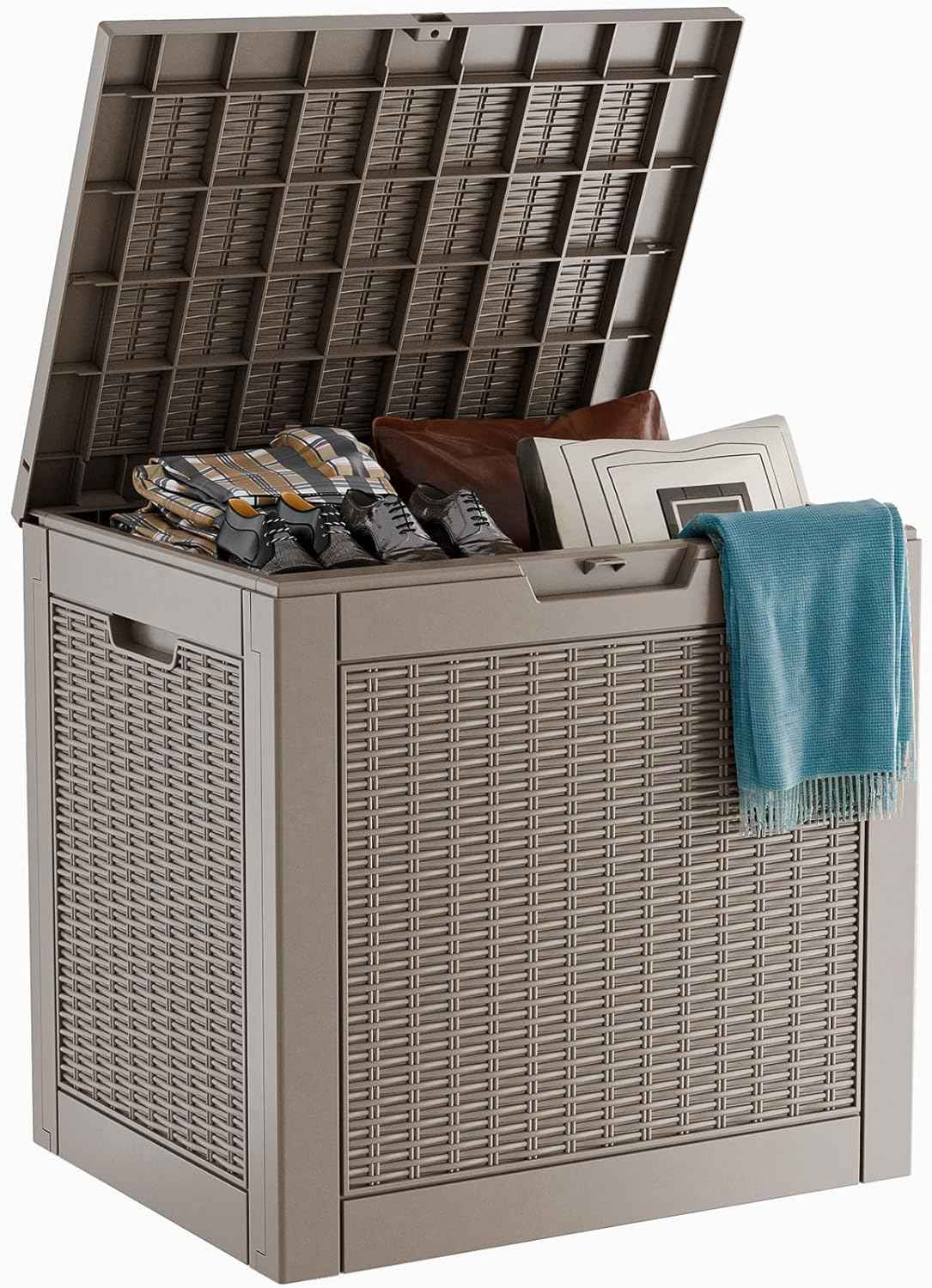 31 Gallon Waterproof Outdoor Storage Box,Resin Deck Box,Lockable Outside Storage Box Container for Patio Furniure,Garden,Pool Tools (31 Gallon,Grey)