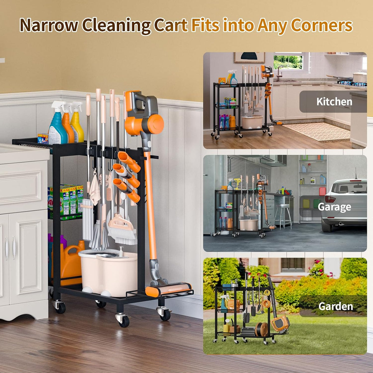 Broom Holder with Cleaning Supplies Organizer, 30.7"Wx11.8"Dx34.6"H | Load 350 LBS, Cleaning Cart with Wheels, 3-Tier Shelves, 6 Mop Hanger Grippers & 3 Double-Hooks, Vacuum Stand for Laundry - Field & Nook