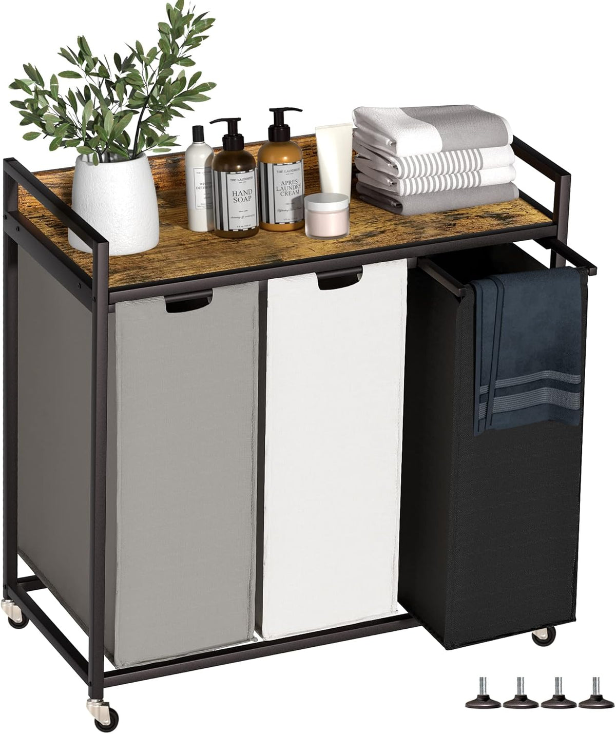 3-Section Rolling Laundry Hamper with Storage Shelf - Field & Nook