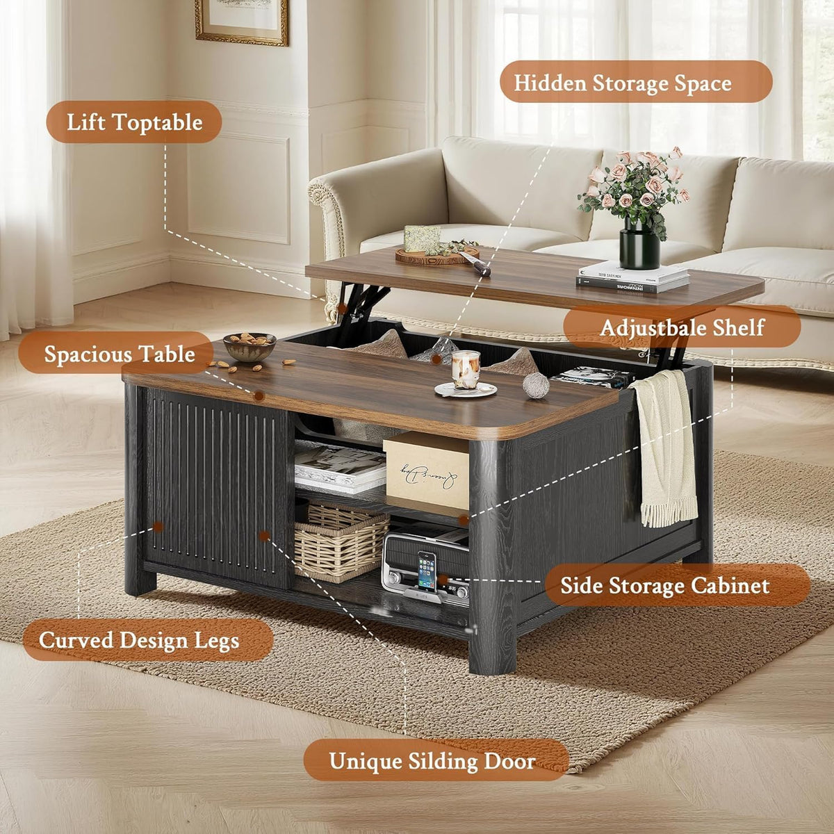 Decofy Lift Top Coffee Table with Storage and Shelves