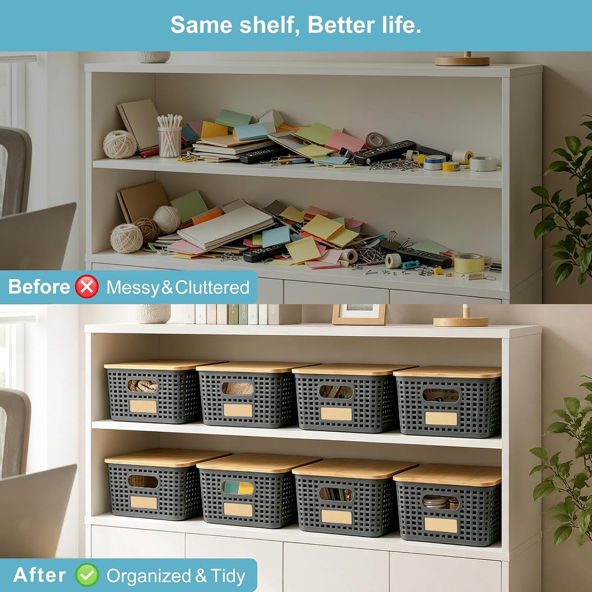 Small Plastic Storage Bins with Bamboo Lids 5.2qt Stackable Box Basket Pantry Decorative Containers Cute with Lable for Organizing Desktop Closet Office Gray of 6 packs 10 * 7.2 * 4.1" - Field & Nook