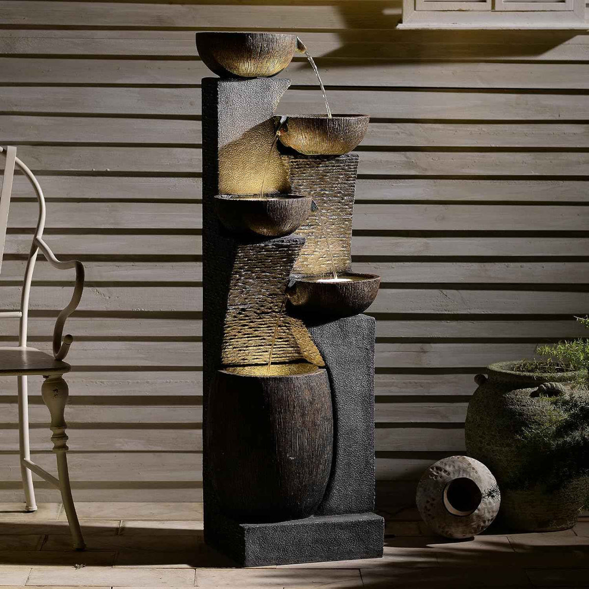 Bumilgar51.4 H Water Fountain Outdoor&Indoor, 5-Tiers Cascading Modern Feature Crocks Garden Fountains and Waterfalls with Warm Lights for Porch, Deck, Patio, Home Décor (Gray)