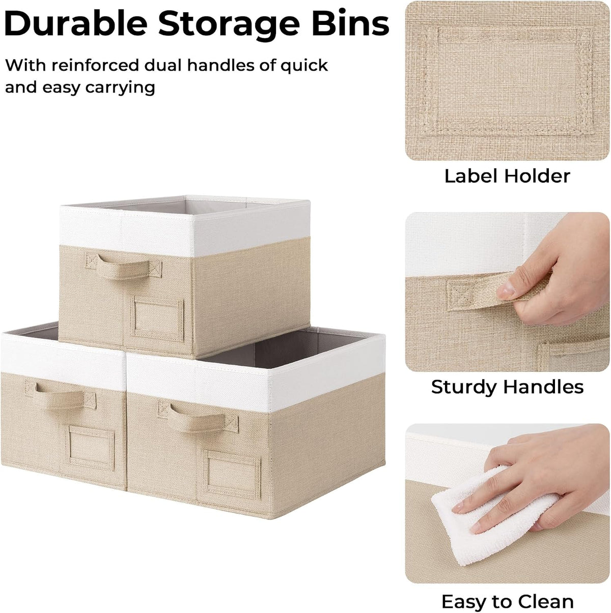 GRANNY SAYS Closet Storage Bins with Label, Khaki&Ivory, Medium, 3-Pack | Closet Storage Bins, Storage Baskets for Closet, Fabric Bins for Clothes, Closet Organizer Bins, Clothes Storage Organizer - Field & Nook