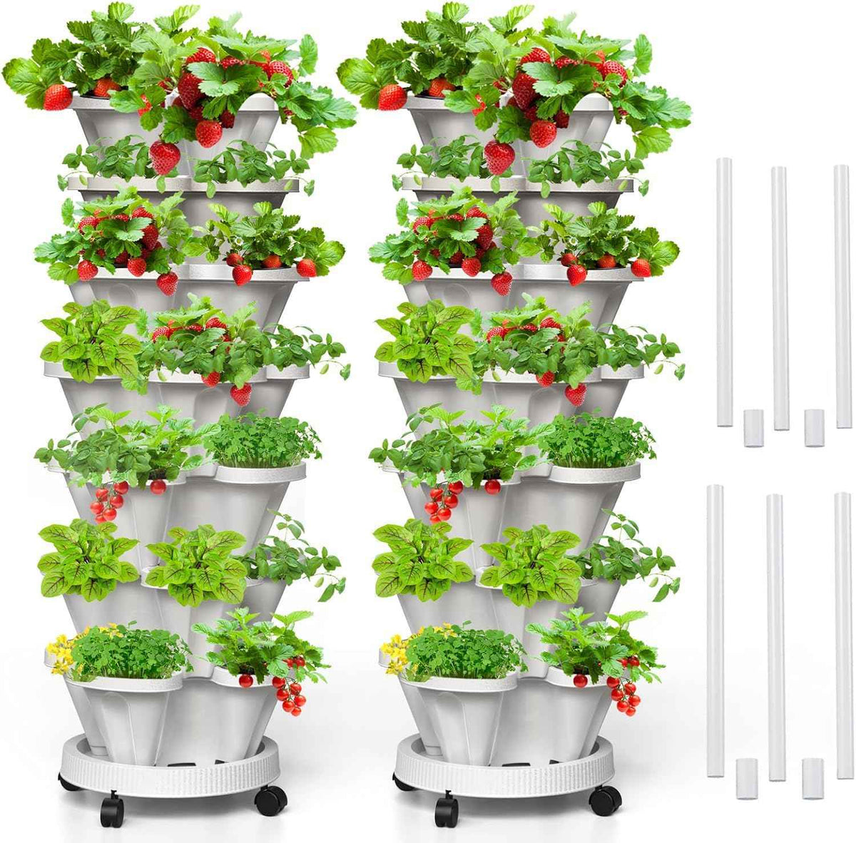7 Tiered Strawberry Vertical Planters, 2 Pack Stacking Tower Garden with Support Pole, Stackable Herb Vegetable Planters Indoor Outdoor White