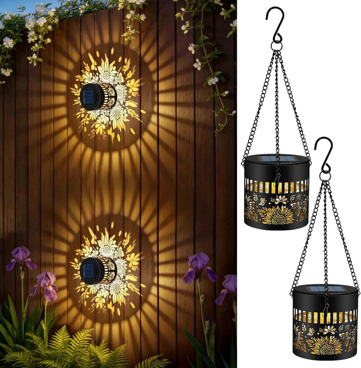 2 Pack Solar Fence Lights Outdoor, Metal Solar Powered Wall Deck Step Light | Sunflower Theme, Hanging LED Waterproof Decorative Lighting for Garden Patio Backyard Post Decor, Warm White