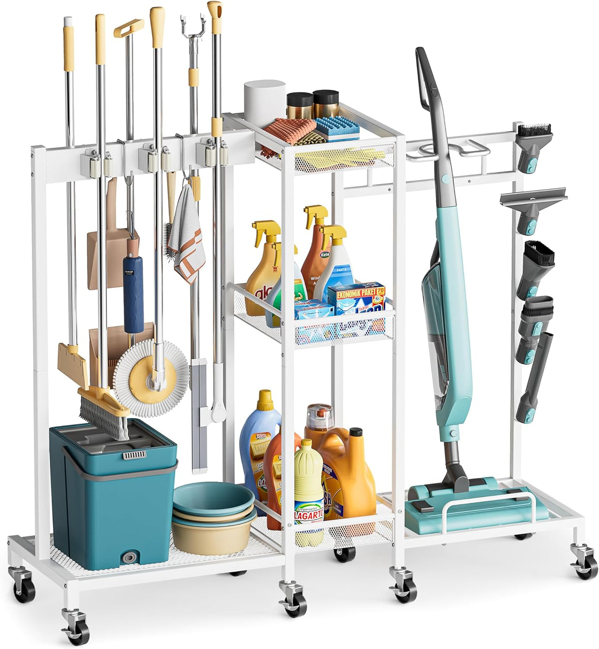 Broom Holder with Cleaning Supplies Organizer, Broom Closet Storage Cabinet with Cleaning Caddy Vacuum Stand, Cleaning Cart with Mop Hanger Gripper Rack Hook, Laundry Room Organization Home Essentials - Field & Nook