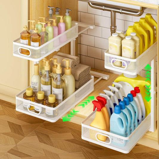 Under Sink Organizer 2-Pack, Metal 2-Tier Pull-Out Cabinet Shelf with Slide-Out Mesh Drawers, Height Adjustable, Space-Saving Under Sink Storage Racks for Kitchen, Bathroom, Laundry Room, White - Field & Nook