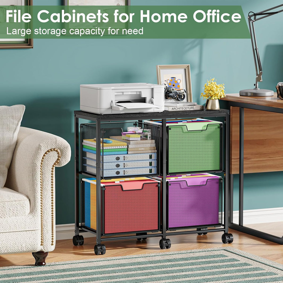 Sbanmao 4 Drawer Lateral File Cabinet, Mobile Filing Cabinet, Printer Stand with Wheels Under Desk Storage Office Storage Cabinet Fits Letter Size for Home Office, Black - Field & Nook