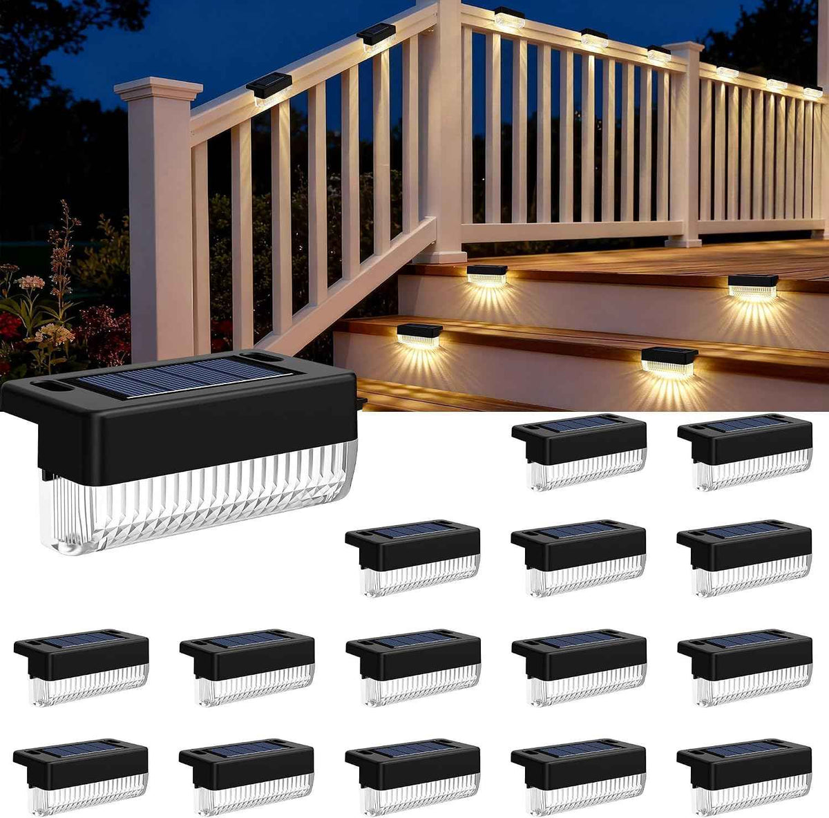 Solar Deck Lights Outdoor, Solar Step Lights Waterproof, 16 Pack Warm White | Step Lights Waterproof Outdoor for Deck, Step, Fence, Wall, Patio, Yard, Pool, Pathway and Stairs