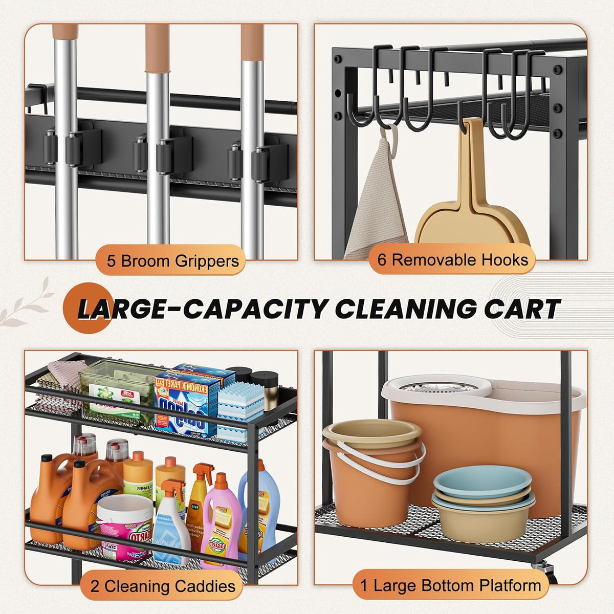 Broom Holder with Cleaning Supplies Organizer, Broom Closet Storage Cabinet with Mop Hanger Gripper Rack Hooks, Cleaning Housekeeping Janitorial Cart with Cleaning Caddy, Laundry Room Organization - Field & Nook