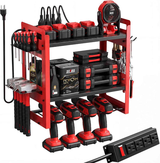 TOPRINCE Power Tool Organizer Wall Mount with Charging Station, 3-Tier Heavy Duty Metal Tool Rack with 4 Drill Holders and 6FT Power Strip, Garage Workshop Storage.Red