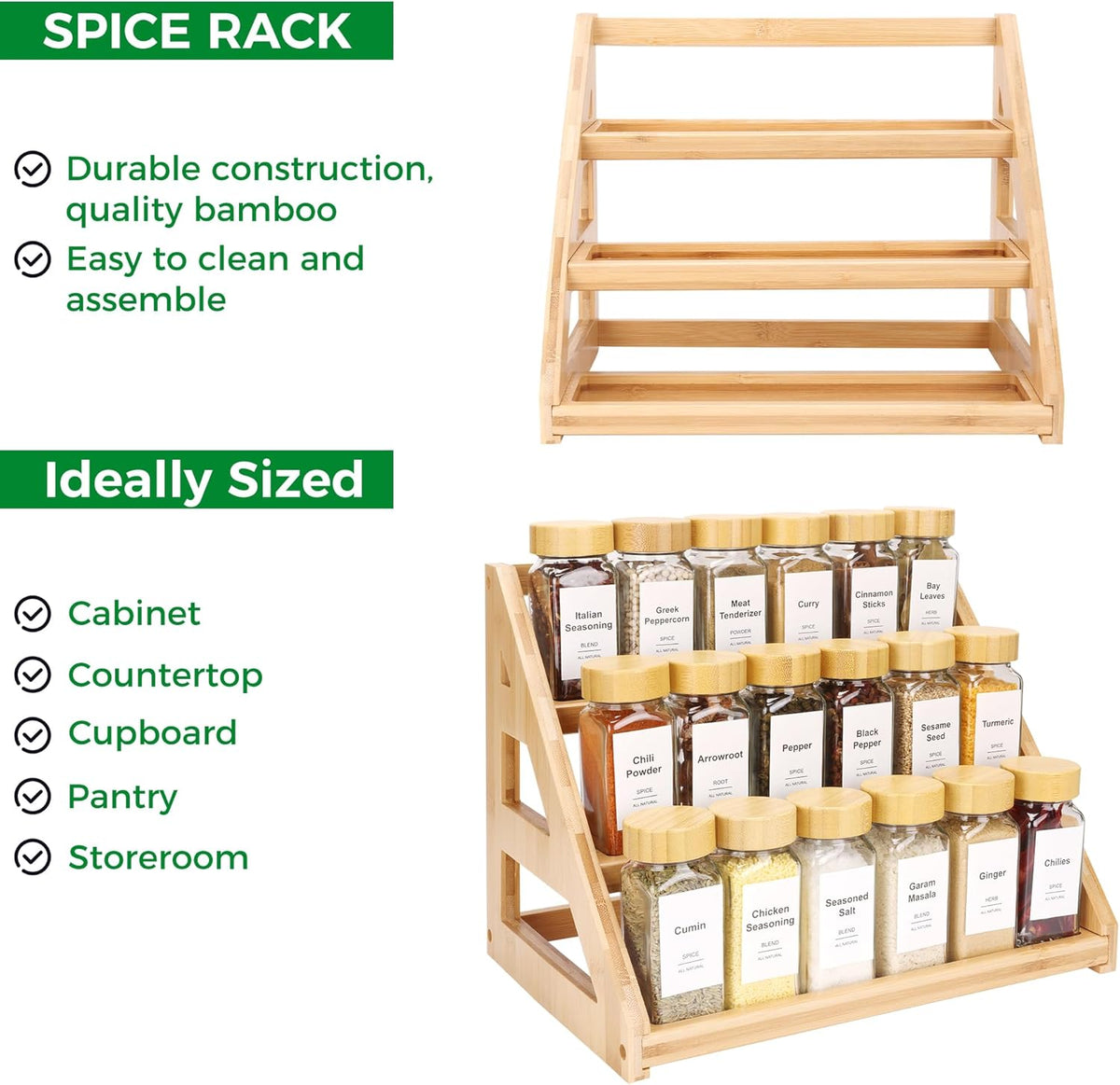 Spice Rack – Spice Organizer -3-Tier Bamboo Spice Racks - Field & Nook
