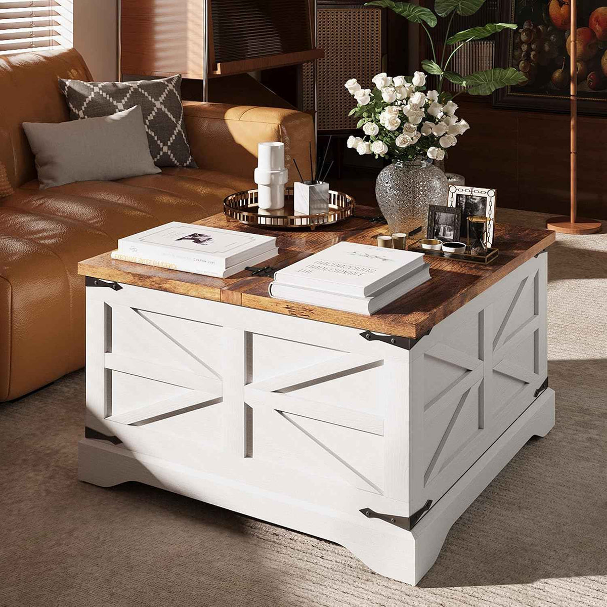 MXV Farmhouse Coffee Table with Storage, White