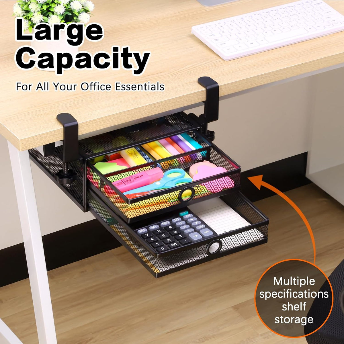 ROSYLINE Under Desk & Desktop Drawer Organizer, 2-Tier Big Capacity | Steel Construction, Clip-On No Drill Installation, Fits A4 Paper, for Office & Household Supplies - Field & Nook