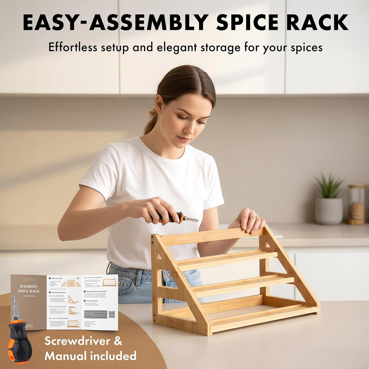 3 Tier Bamboo Spice Rack Organizer for Cabinet – Fits 24 Spice Jars, 17.5” Wide Countertop & Cabinet Organizer for Kitchen Organization, Seasoning Organizer Shelf (Jars Not Included) - Field & Nook