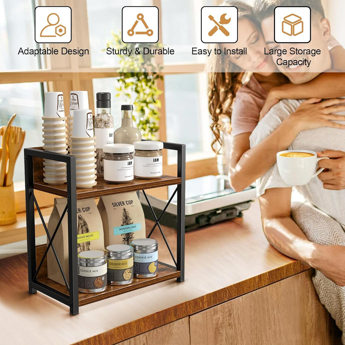 Giikin Kitchen Countertop Organizer, 2 Tier Spice Rack Organizer for Pantry, Kitchen Counter Shelf Wood Coffee Station Organizer (Brown, M) - Field & Nook