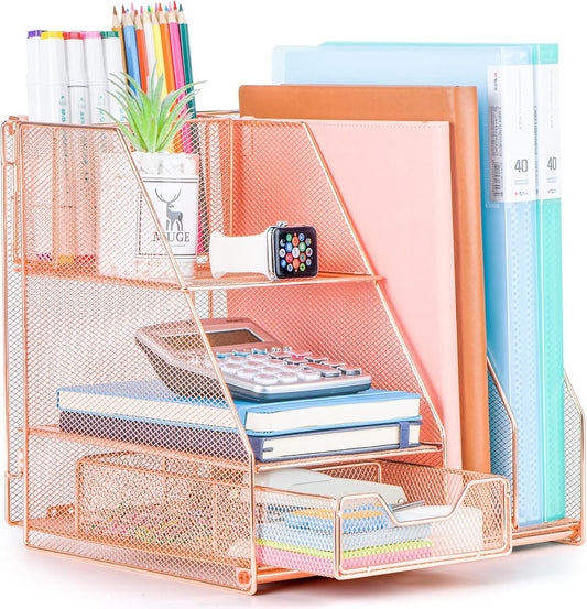 Topwey Rose Gold Desk Accessories, Office Supplies Desk Organizer Caddy with Sliding Drawer, Double Tray, File Organizer and pen holder for Home, Office School - Field & Nook