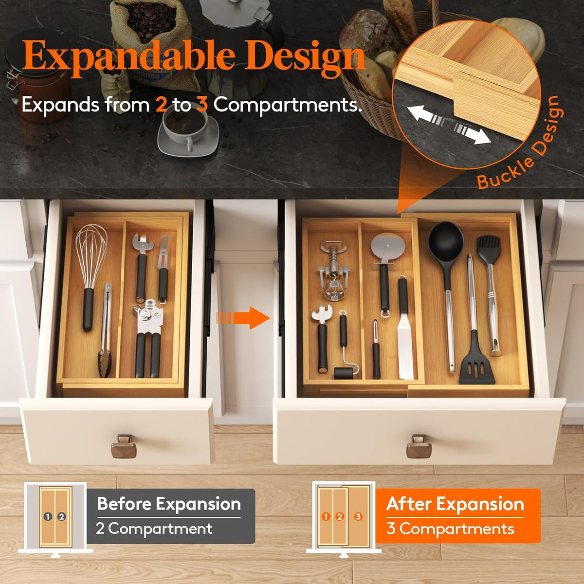Lifewit Expandable Utensil Organizer, 8.9-15.8 x 15.75, Natural