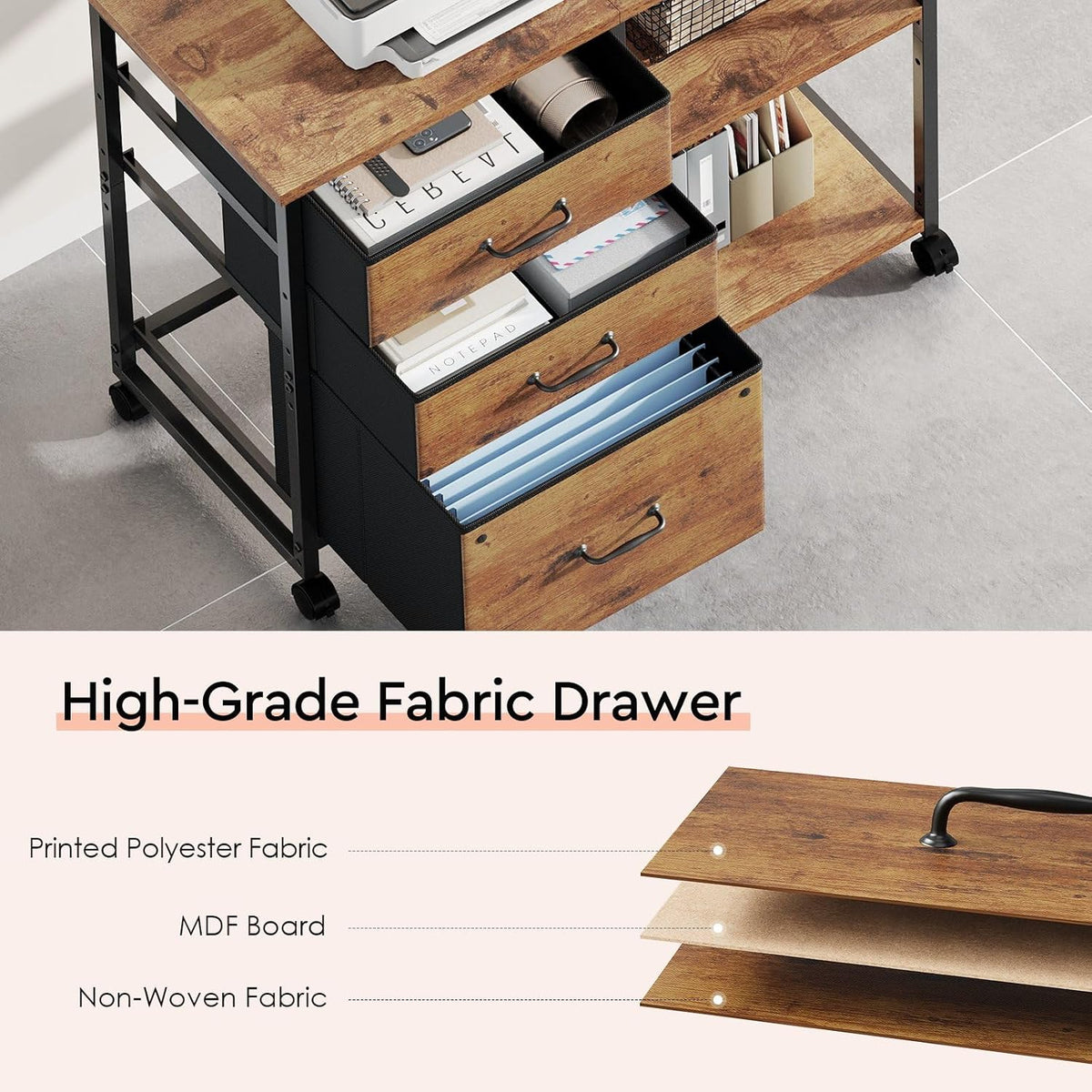 3 Drawer File Cabinet with Wheels with Open Storage Shelf | Rustic Brown2, Rolling Printer Stand Fabric Lateral Filing Cabinet for Home Office - Field & Nook
