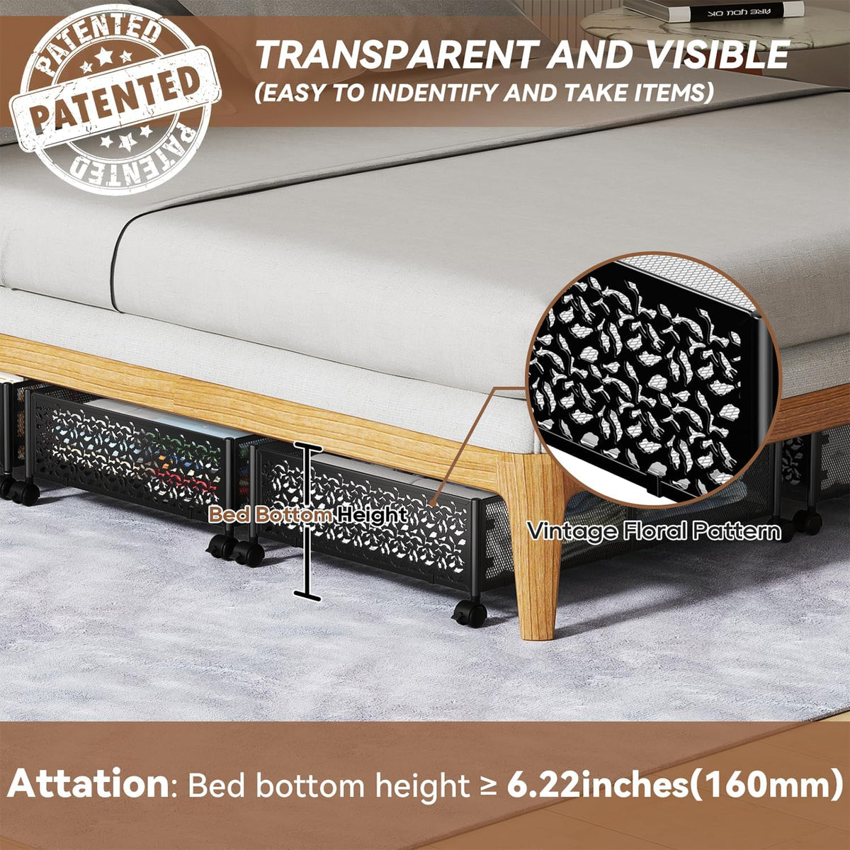 Under Bed Stroage Container with wheels,Patterned,Metal,2 Pack,Black | Tool-free assembly, glide smoothly, easy reach, foldable, maxmazie low-profile beds, dorm, keep seasonal clothes, shoes fresh - Field & Nook