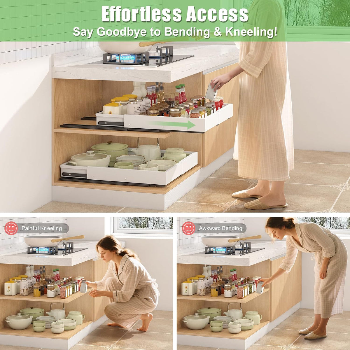 1 Pcs Pull Out Drawers for Cabinets Organizer Expandable Width(11.8"-19.4"), Depth(16.45"-21.7") With 3 Rails, No Drill Roll Out Drawer, Adhesive Sliding Drawers - Field & Nook